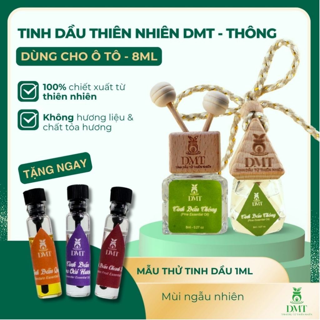 Tinh dầu Thông treo xe và kẹp cửa gió ô tô DMT - tinh dầu thông nguyên chất, thư giãn như Đà Lạt 8ml