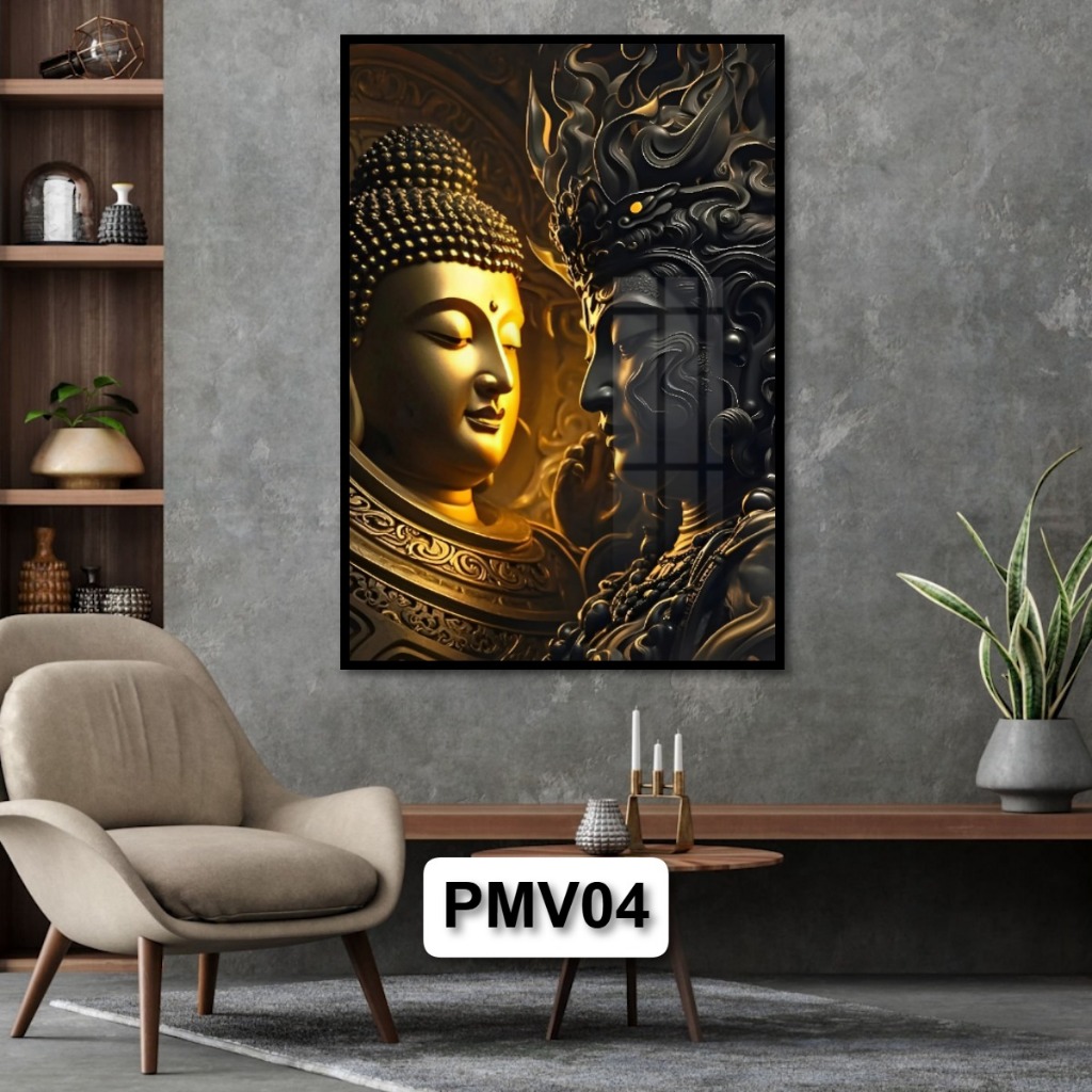Tranh Phật và Ma Vương - Cuộc Chiến Tâm Linh Sự Đối Lập Giữa Thiện và Ác - Tranh Gỗ Tráng Gương Có Khung Treo Tường