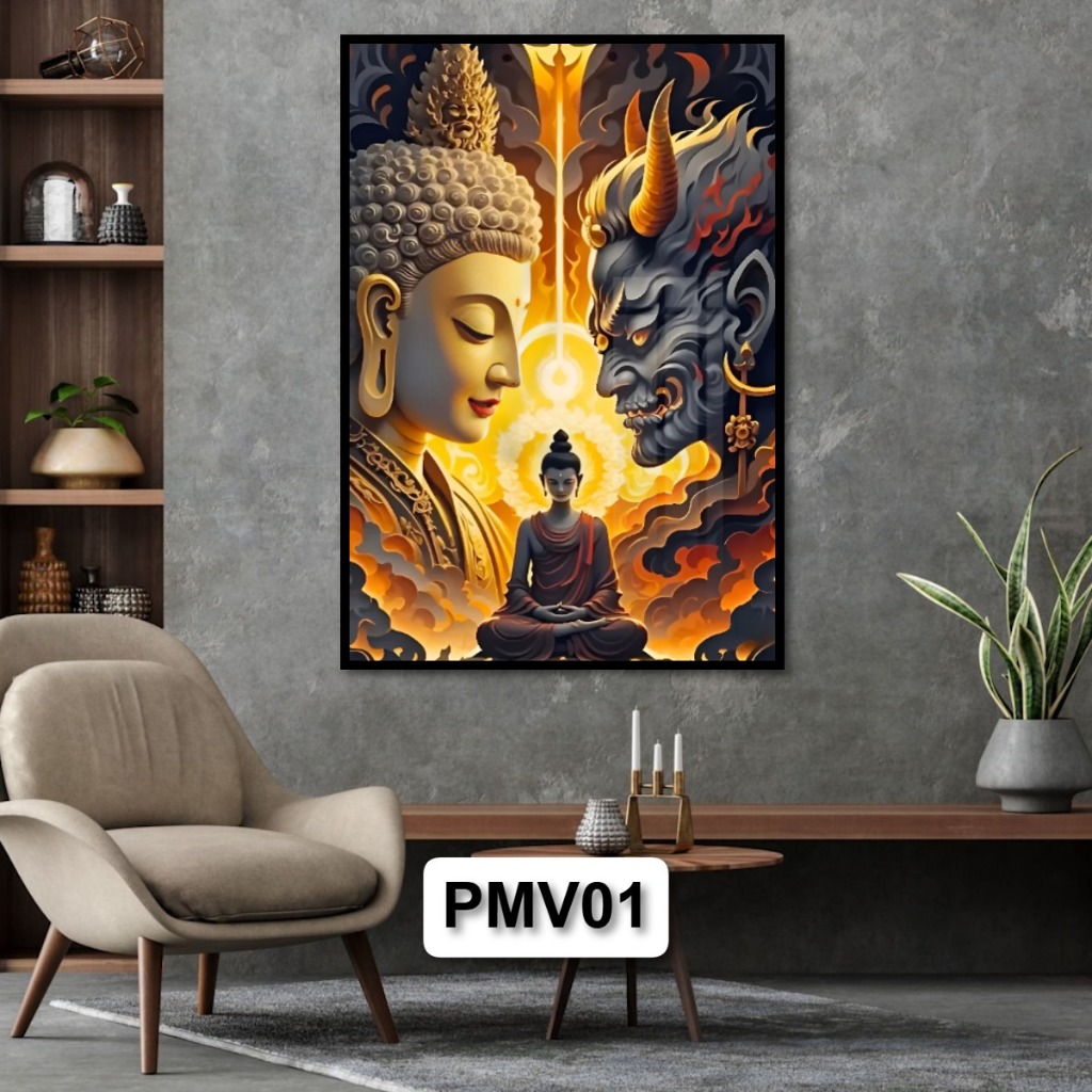 Tranh Phật và Ma Vương - Cuộc Chiến Tâm Linh Sự Đối Lập Giữa Thiện và Ác - Tranh Gỗ Tráng Gương Có Khung Treo Tường