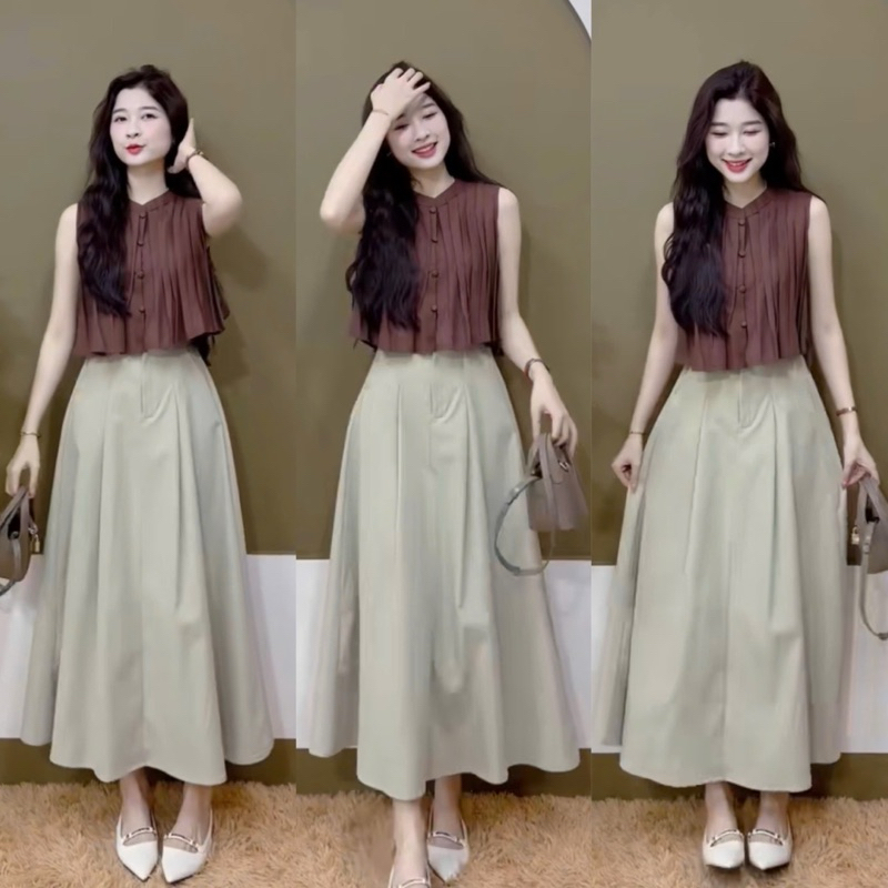 L970- sét váy nữ, áo xếp ly nút bọc form xòe, chân váy mango dáng dài
