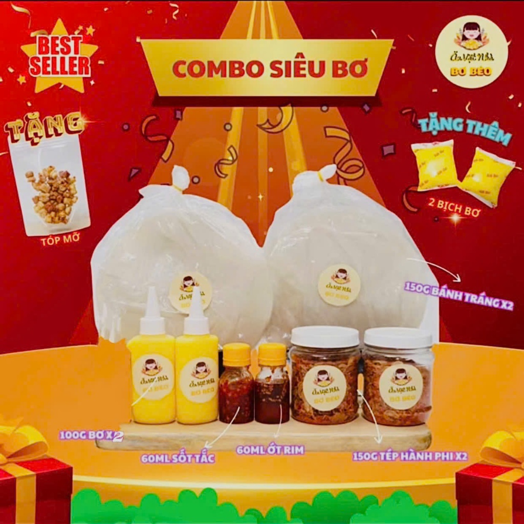 COMBO SIÊU BƠ 99K-X2 Bánh tráng phơi sương+ X2 Bơ béo + X2 Tép hành phi + Sốt tắc, Ớt rim + FREESHIP