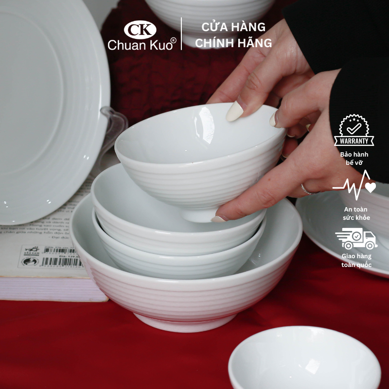 Bộ bát đĩa sứ trắng 12 món vân xoáy cách điệu - Set chén dĩa sứ thương hiệu CK cho nhà hàng, khách sạn