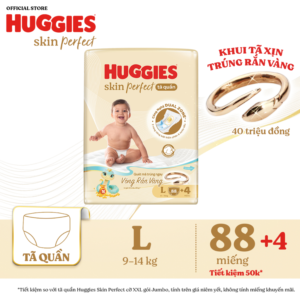 Ảnh Tã quần Huggies Skin Perfect Mega Jumbo M98+4/ L88+4/XL72+4/XXL64+4 với 2 vùng thấm giảm kích ứng da 1