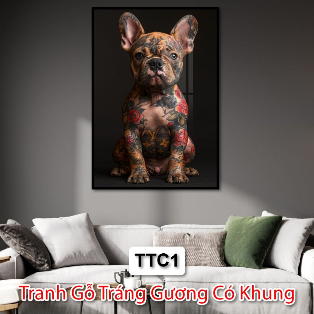 Tranh Chó Mèo Xăm Mình - Tranh Chó Mèo Tráng Gương Có Khung - Tranh Trang Trí Tiệm Xăm - Tranh Tráng Gương