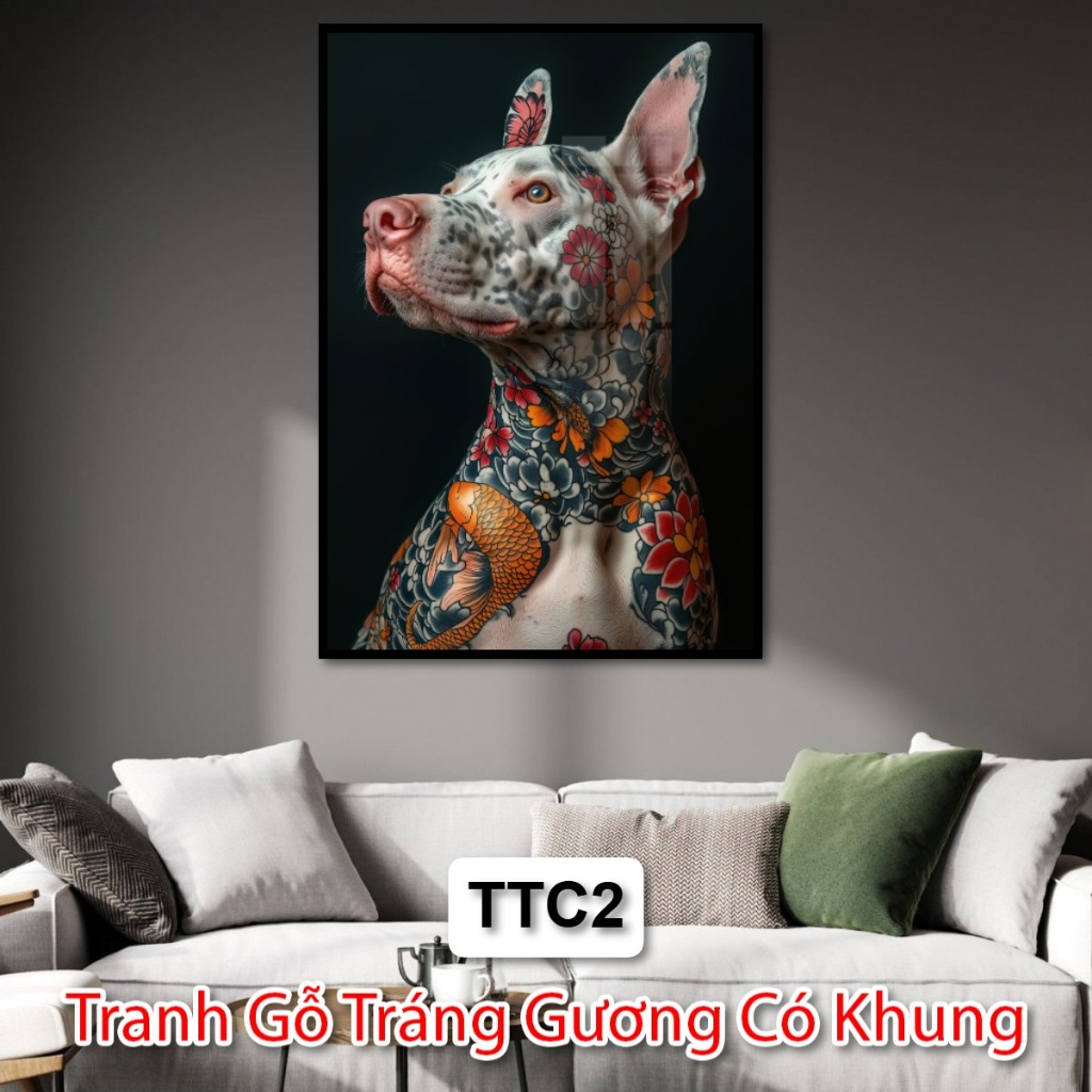 Tranh Chó Mèo Xăm Mình - Tranh Chó Mèo Tráng Gương Có Khung - Tranh Trang Trí Tiệm Xăm - Tranh Tráng Gương