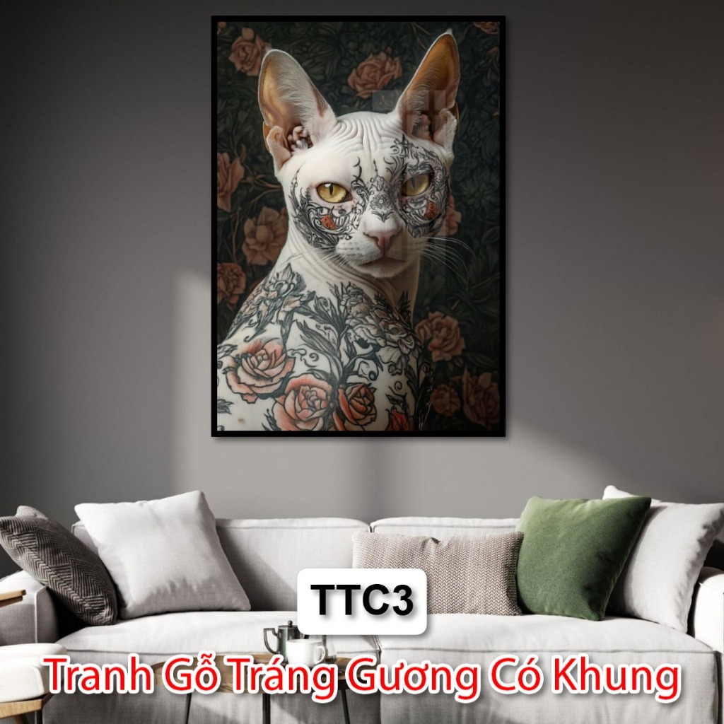 Tranh Chó Mèo Xăm Mình - Tranh Chó Mèo Tráng Gương Có Khung - Tranh Trang Trí Tiệm Xăm - Tranh Tráng Gương