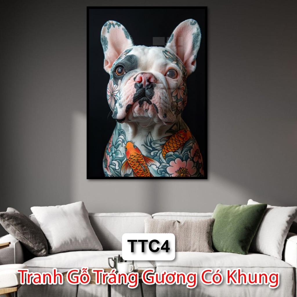 Tranh Chó Mèo Xăm Mình - Tranh Chó Mèo Tráng Gương Có Khung - Tranh Trang Trí Tiệm Xăm - Tranh Tráng Gương