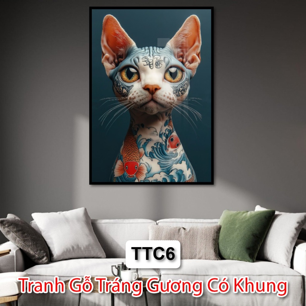 Tranh Chó Mèo Xăm Mình - Tranh Chó Mèo Tráng Gương Có Khung - Tranh Trang Trí Tiệm Xăm - Tranh Tráng Gương