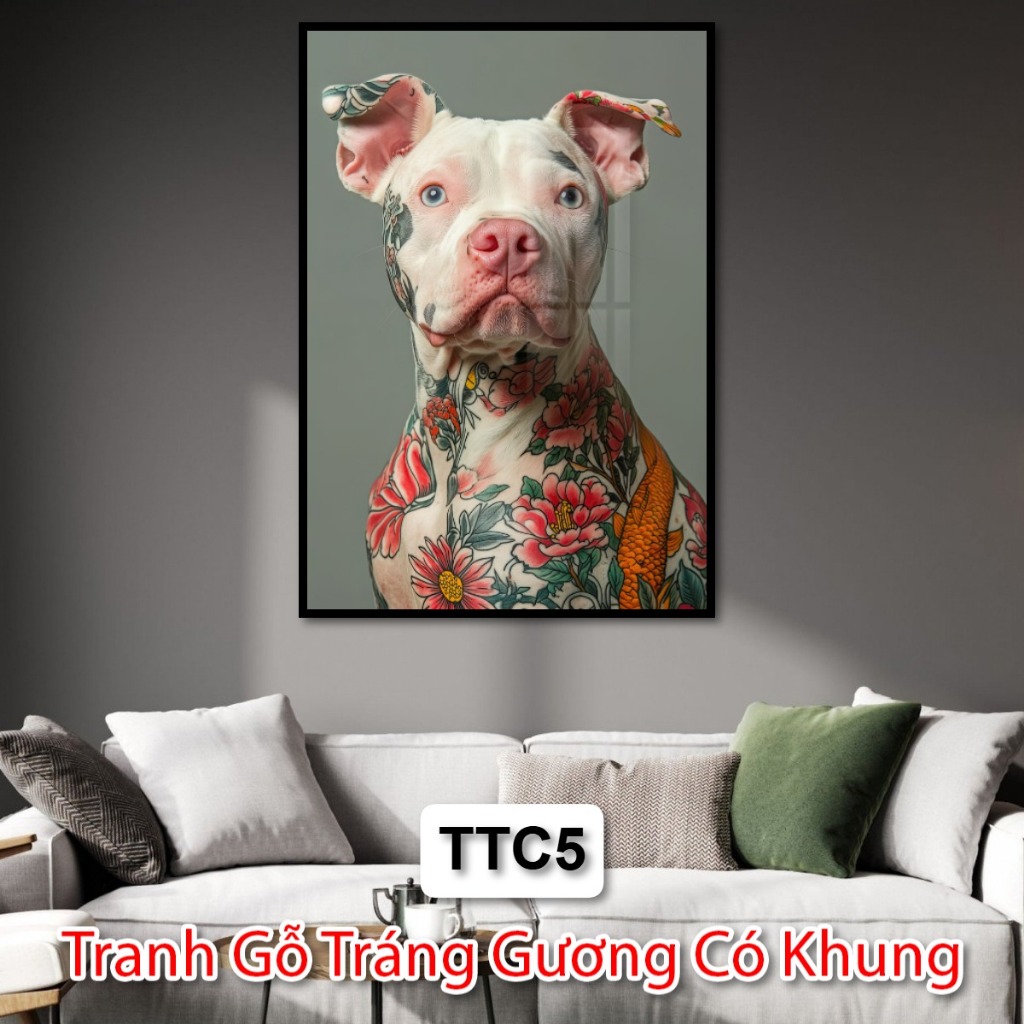 Tranh Chó Mèo Xăm Mình - Tranh Chó Mèo Tráng Gương Có Khung - Tranh Trang Trí Tiệm Xăm - Tranh Tráng Gương