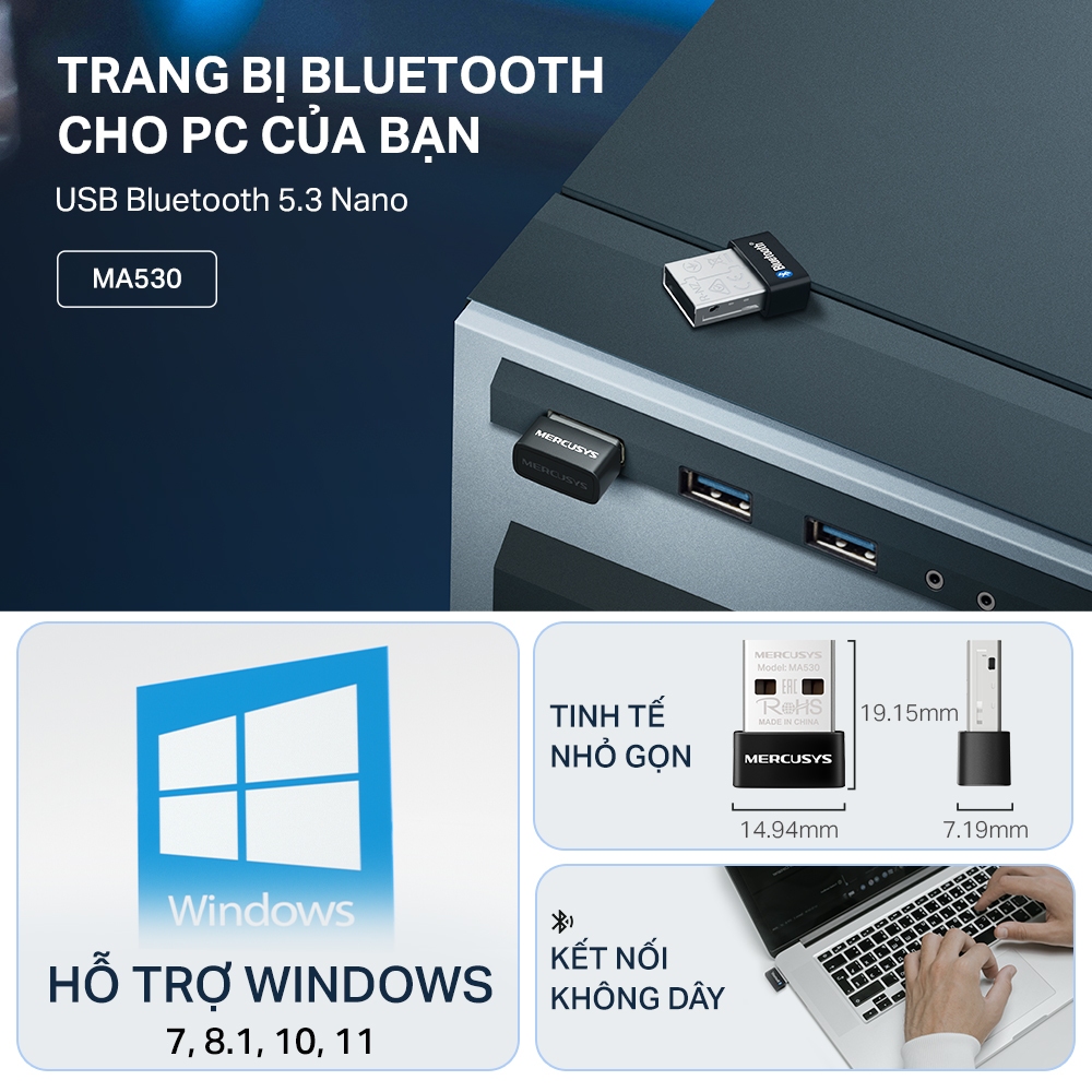 Ảnh Bộ Chuyển Đổi Bluetooth USB Nano Mercusys MA530 Chuẩn Bluetooth 5.3 | USB nhỏ gọn, kết nối ổn định 1