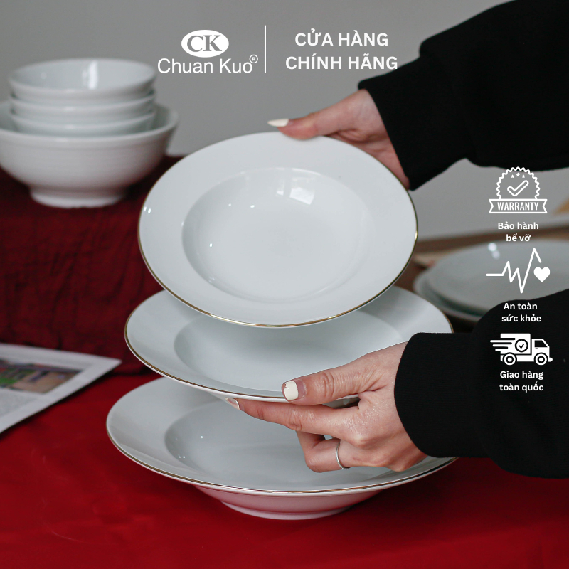 Đĩa sứ sâu lòng viền vàng 12K sang trọng 17 20cm - Đĩa sứ sâu CK dùng cho nhà hàng cao cấp - Vỡ 1 đổi 1