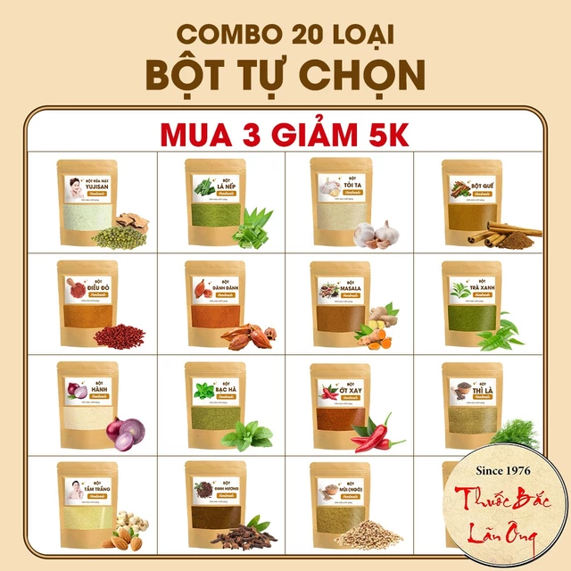 20 loại bột tự chọn, cần tây, rau má, cam thảo, đậu đỏ, yến mạch, quế, ngũ vị hương, bạch linh