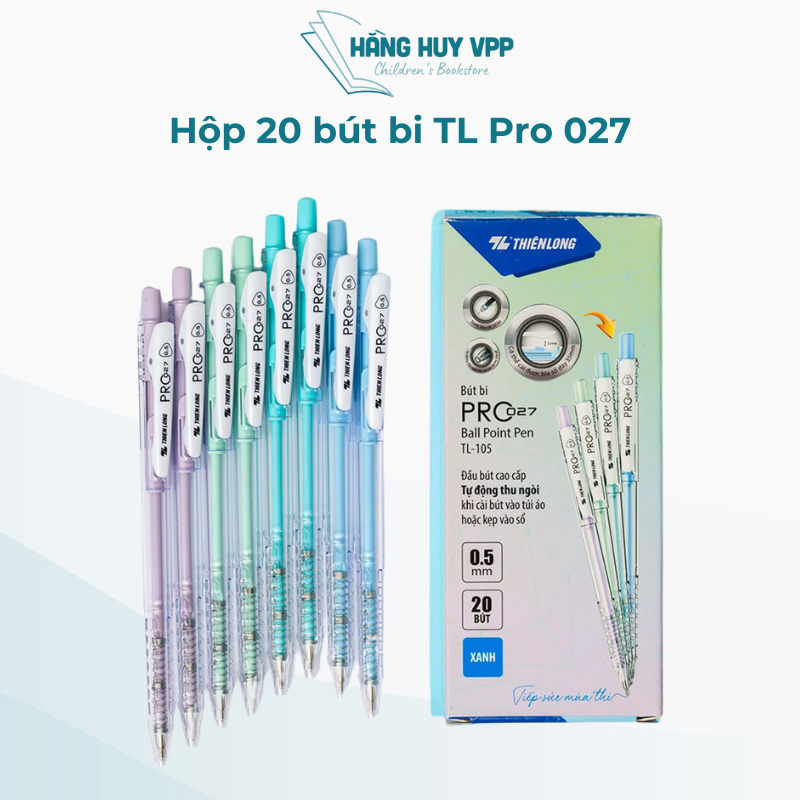 Hộp 20 bút bi Thiên Long Pro 027 ngòi cao cấp 0.5mm, thân bút màu pastel thời trang tự động thu ngòi TL-105