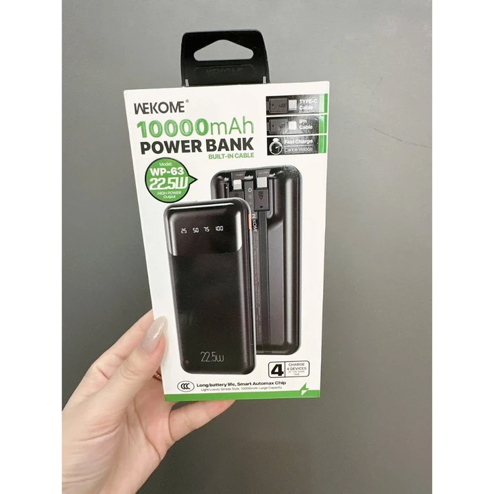 Sạc dự phòng Wk 10000mah sẵn dây 3 đầu sạc có cao su hít mặt lưng điện thoại, sạc dự phòng sạc đồng thời được nhiều máy