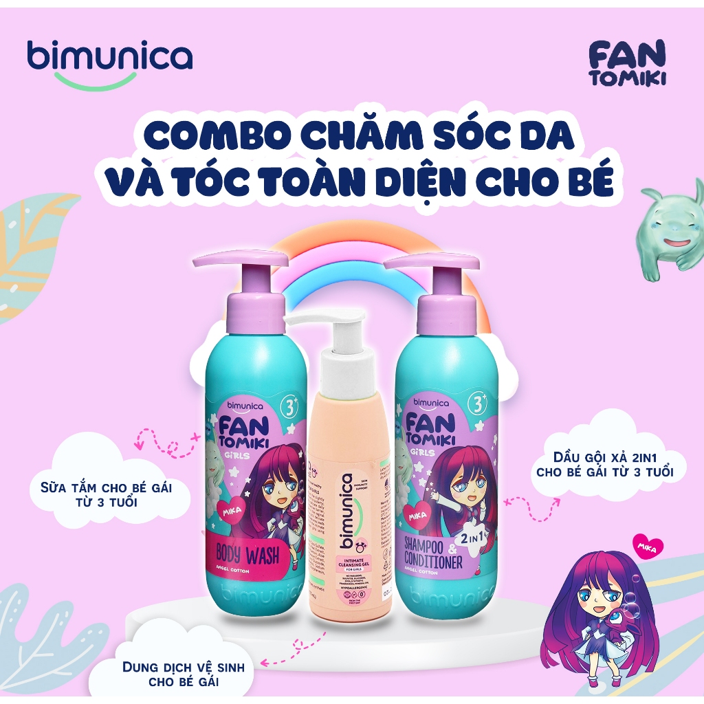 Dầu Gội Xả 2In1 Bimunica Fantomiki Cho Bé Gái Từ 3 Tuổi 500ml - Không Cay Mắt, Làm Sạch/Mềm Mượt