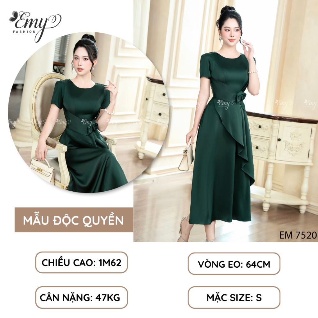 Ảnh Đầm Dự Tiệc EMY Thiết Kế Cao Cấp Trung Niên EM7520 Dáng Xoè Cổ Tròn Tay Ngắn Màu Đen Vải Mango Gân 2