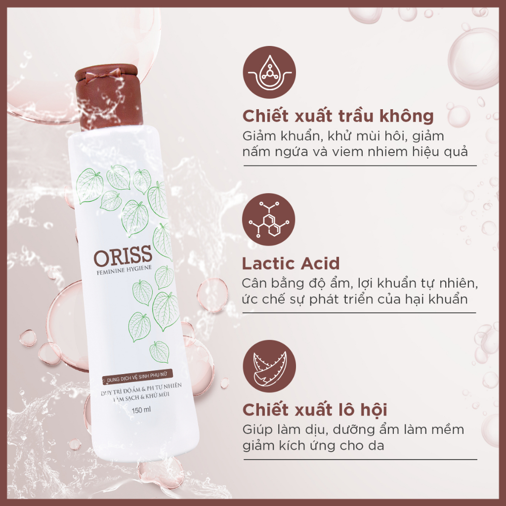 Dung dịch vệ sinh phụ nữ Oriss hỗ trợ làm sạch dịu nhẹ chiết xuất lá trầu không 150ml