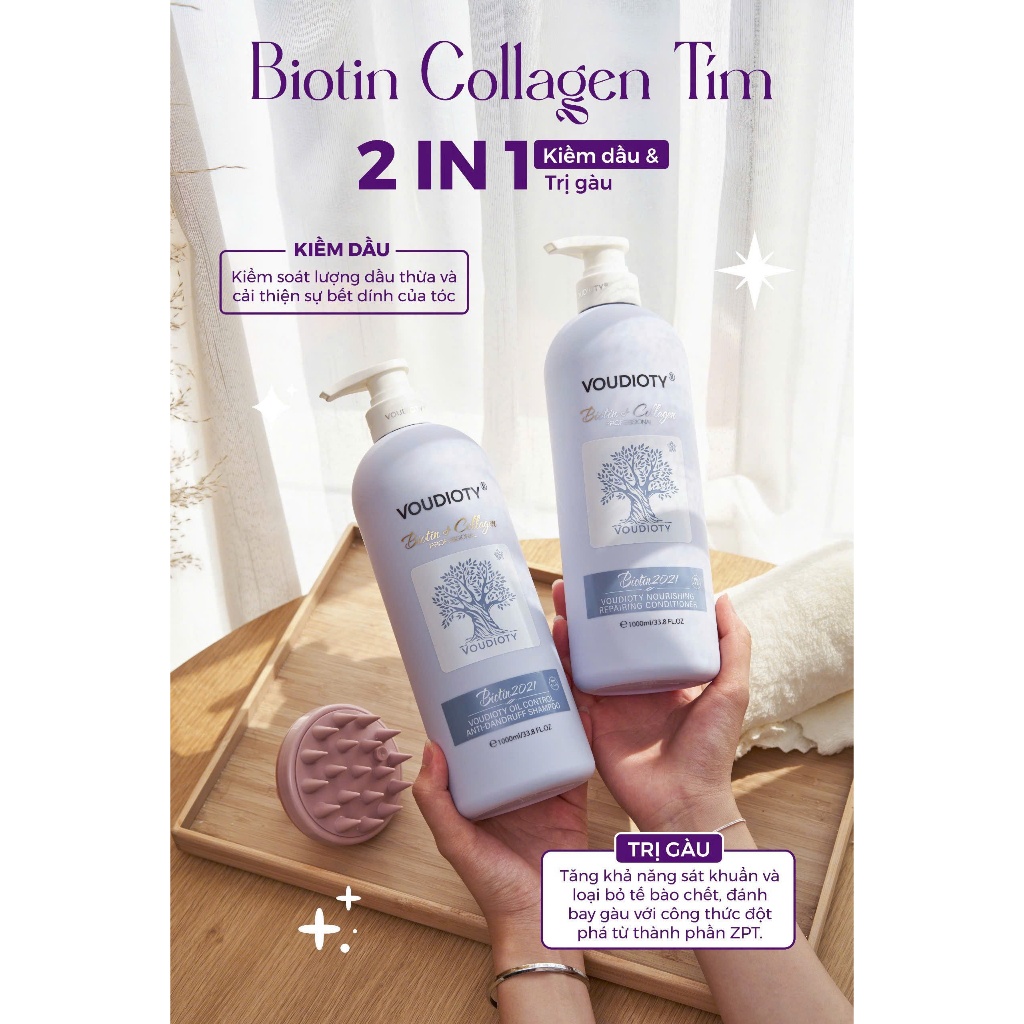 Cặp Dầu Gội Xả Biotin Collagen Voudioty Tím Kiềm Dầu, Ngăn Gàu, Siêu Mềm Mượt, Hương Nước Hoa 1000ML