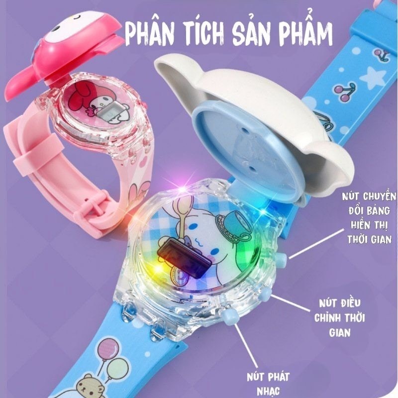 Đồng hồ phát sáng Kuromi, melody, cinamoroll phát nhạc, xem giờ, đồng hồ phát sáng đáng yêu cho bé