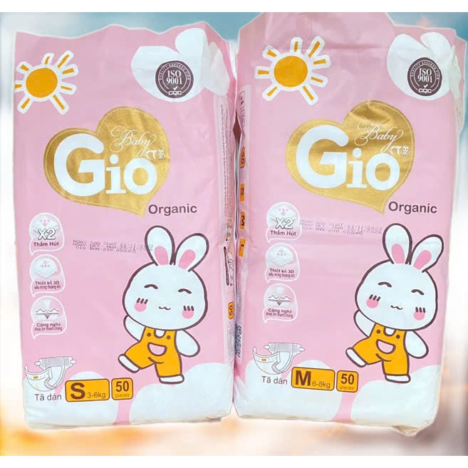 TÃ BỈM DÁN BABY GIO ORGANIC CHO BÉ SƠ SINH -100 MIẾNG (2 BỊCH ) MIỄN PHÍ SHIP -SIZE S,M ( 2-8kg )