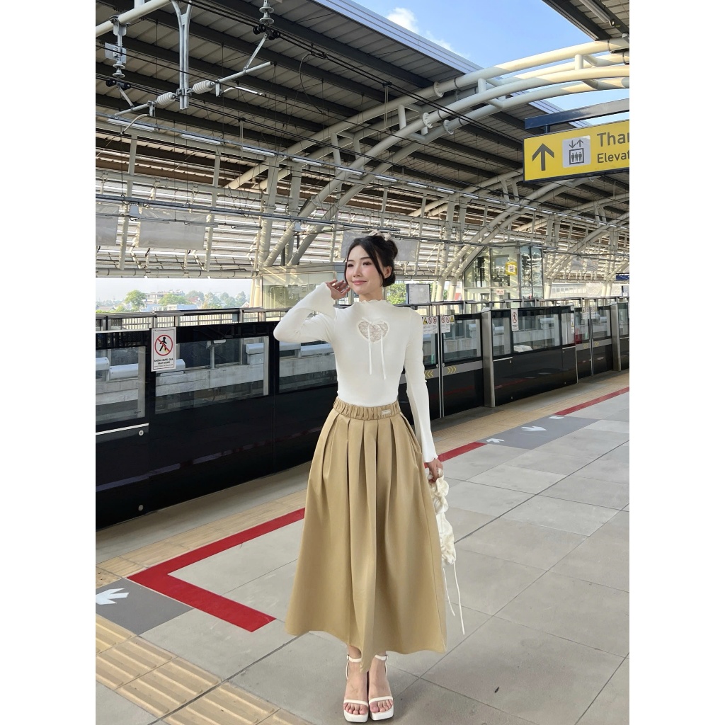 Chân váy xếp ly xoè dáng dài lưng chun hack dáng phong cách hàn quốc | LEYLA SKIRT | SECODEE