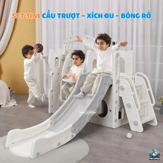Cầu Trượt Xích Đu Lâu Đài Pakey, Cầu Trượt Cho Bé TẰNG KÈM BÓNG RỔ Chịu Tải 60kg Hàng Dày Dặn