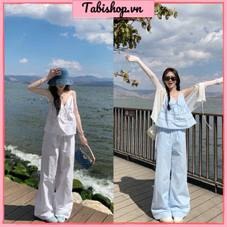 Set đồ bộ nữ áo 2 dây cột nơ ngực phối quần dài ống rộng TABISHOP Set đồ nữ mặc đi biển du lịch(63)