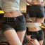 Quần short jean đùi ngắn cạp trễ thấp màu đen viền da beo cá tính QSN003 - Tiktik