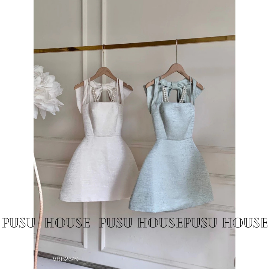 Đầm dự tiệc đính nơ cổ kết chuỗi hạt tiểu thư sang trọng -PUSU HOUSE