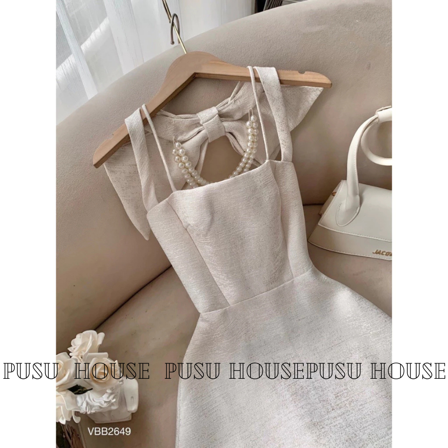 Đầm dự tiệc đính nơ cổ kết chuỗi hạt tiểu thư sang trọng -PUSU HOUSE