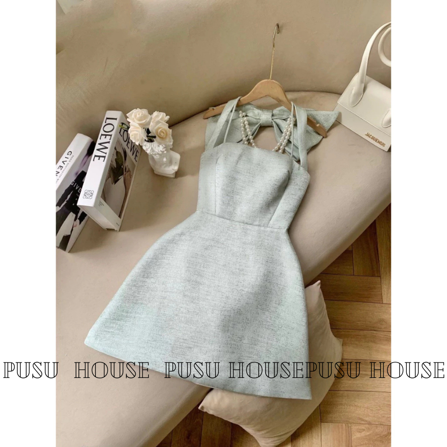 Đầm dự tiệc đính nơ cổ kết chuỗi hạt tiểu thư sang trọng -PUSU HOUSE