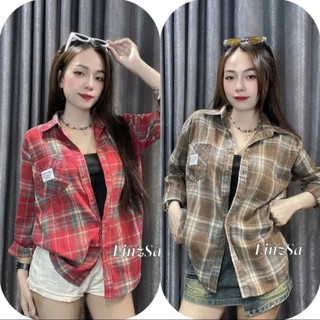 Áo sơmi caro nữ tay dài Đính LOGO TRẮNG Kiểu chữ  From rộng dáng suông Chất vải cotton nỉ phong cách Hàn Quốc