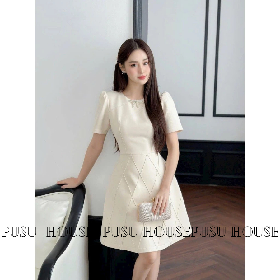 Đầm dự tiệc đen trắng xếp ly thân họa tiết sang trọng kèm tag đá-PUSU HOUSE