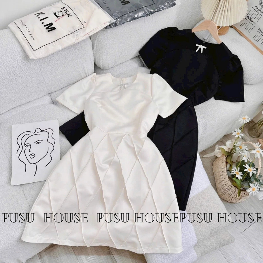 Đầm dự tiệc đen trắng xếp ly thân họa tiết sang trọng kèm tag đá-PUSU HOUSE