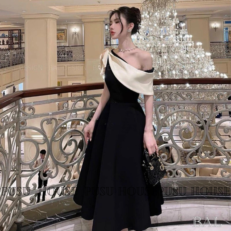 Đầm dự tiệc nữ thiết kế lệch vai nơ sang trọng -PUSU HOUSE