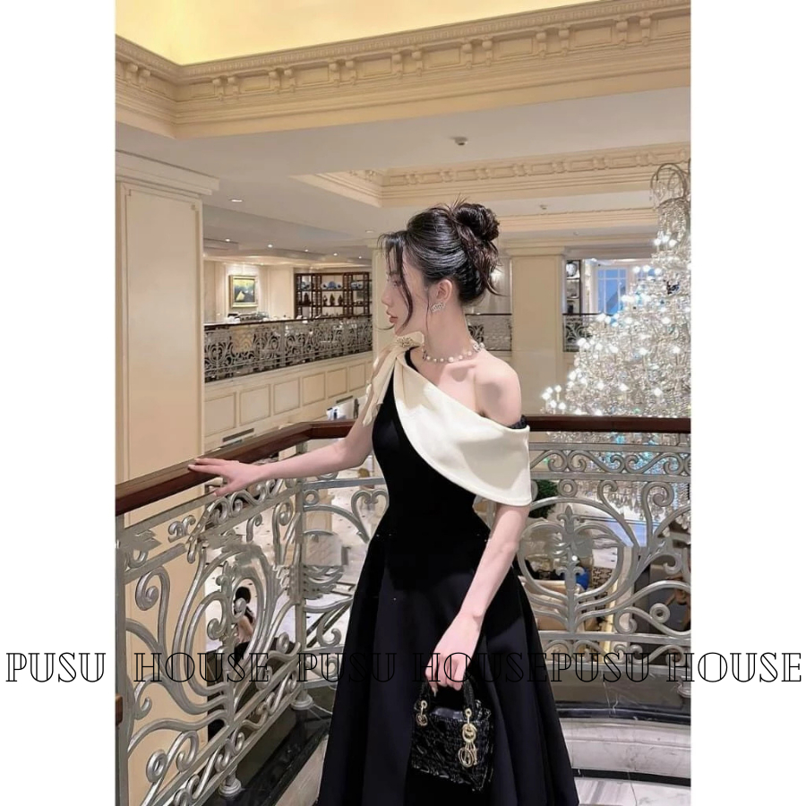 Đầm dự tiệc nữ thiết kế lệch vai nơ sang trọng -PUSU HOUSE
