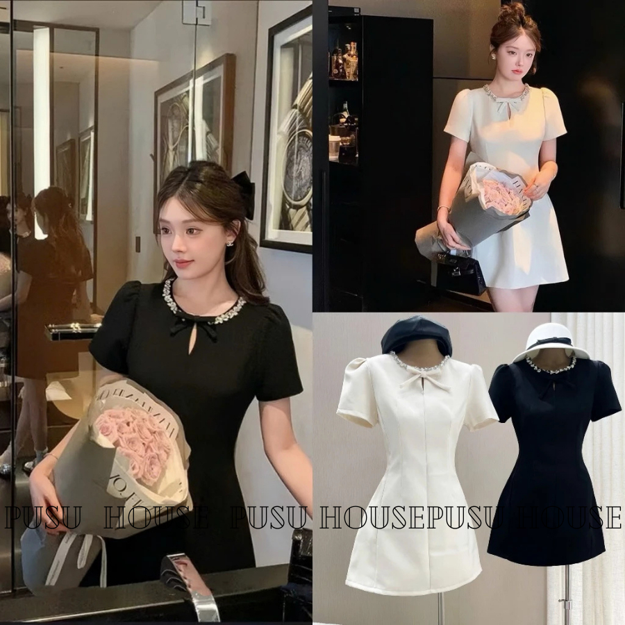 Đầm tiểu thư dự tiệc cổ tròn đính đá kèm nơ xinh xắn -PUSU HOUSE