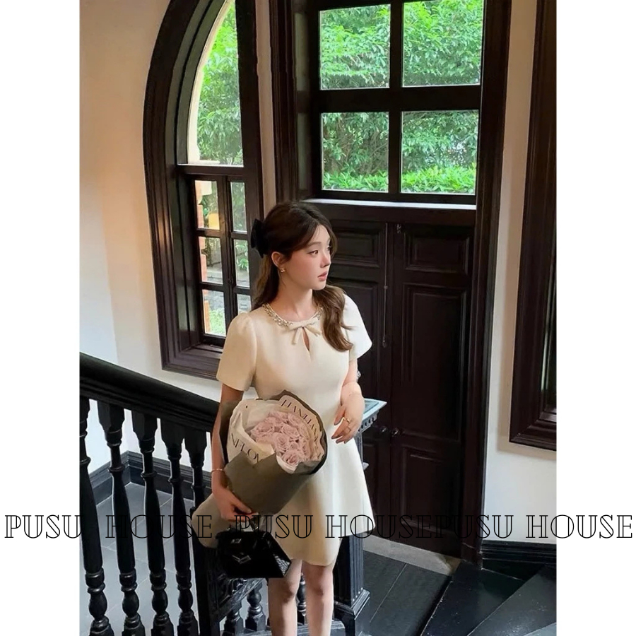 Đầm tiểu thư dự tiệc cổ tròn đính đá kèm nơ xinh xắn -PUSU HOUSE