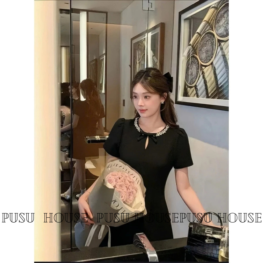 Đầm tiểu thư dự tiệc cổ tròn đính đá kèm nơ xinh xắn -PUSU HOUSE
