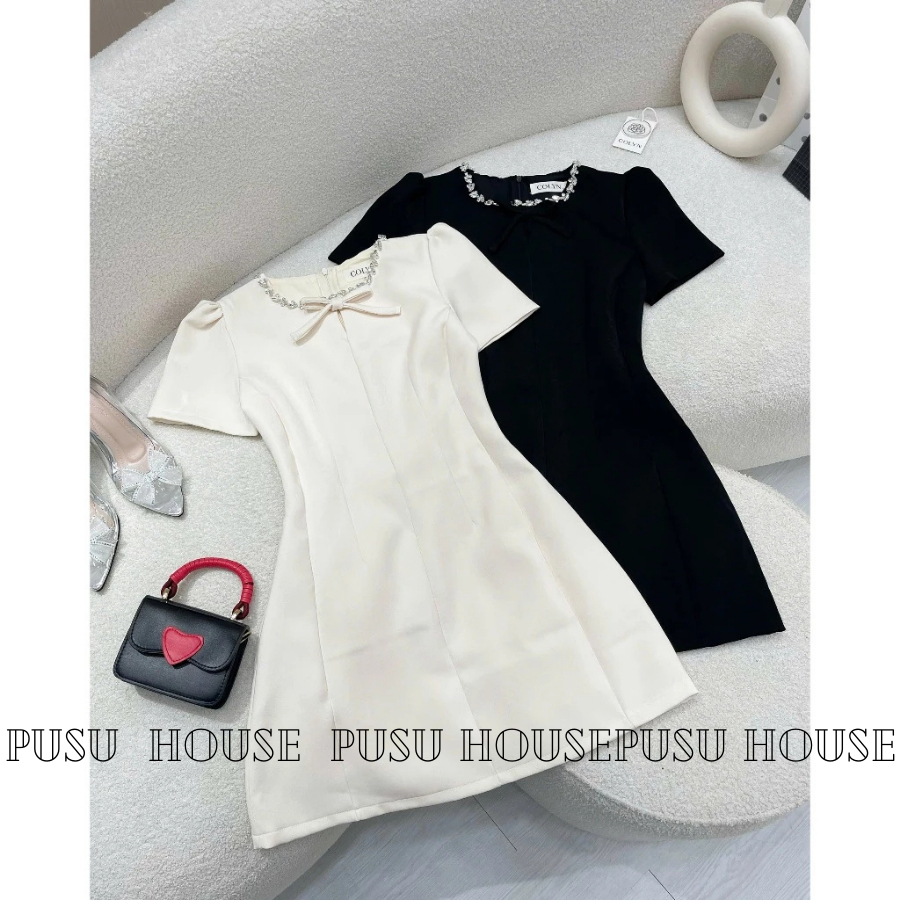 Đầm tiểu thư dự tiệc cổ tròn đính đá kèm nơ xinh xắn -PUSU HOUSE