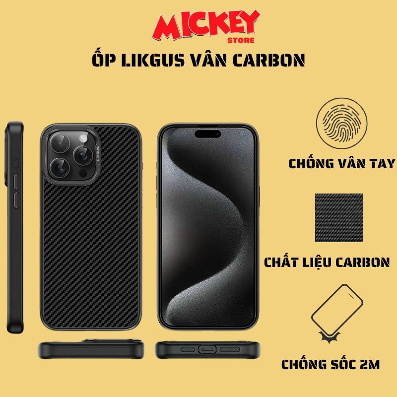 Ốp Likgus vân Carbon chống bám vân tay cho IPhone 12promax 13promax 14promax 15promax 16pro 16promax