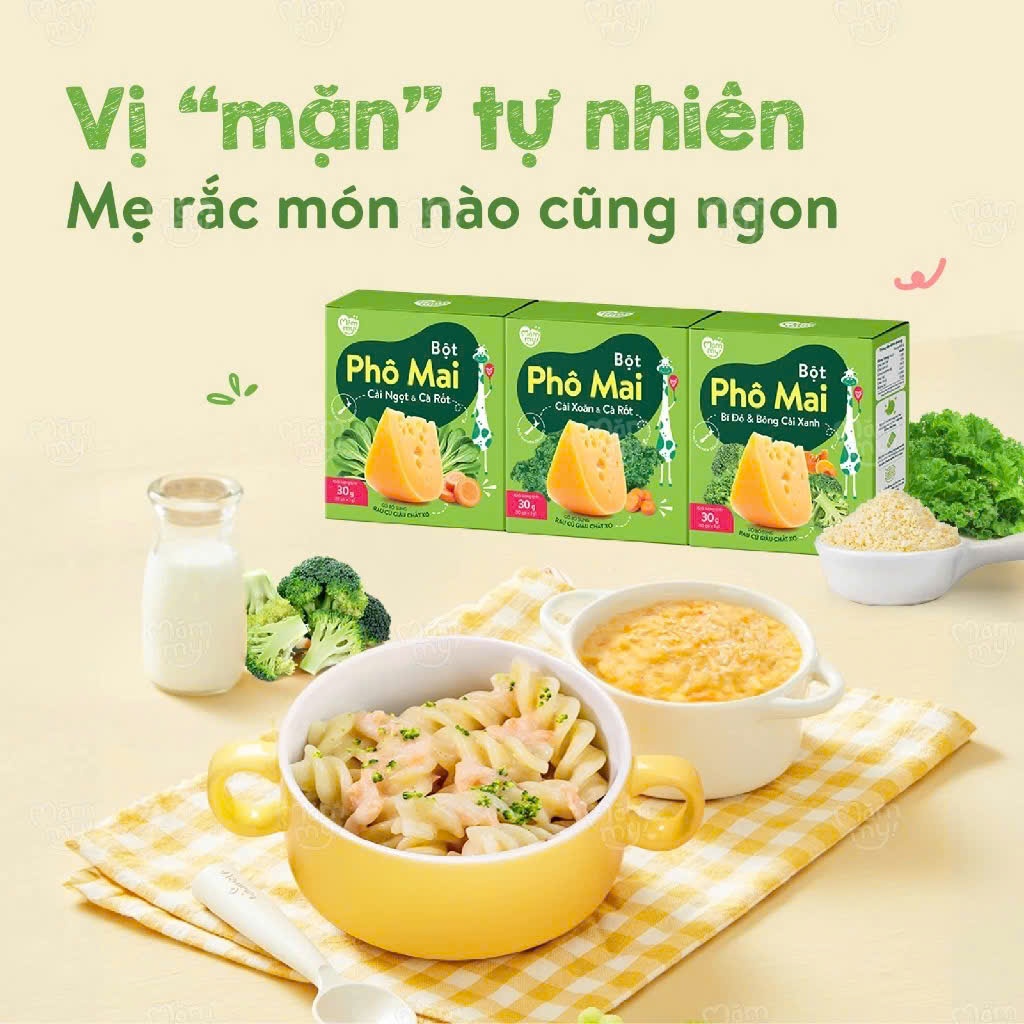 Phô mai tách muối Mămmy dạng bột kết hợp với rau củ tự nhiên bổ sung canxi và chất xơ cho bé 6 tháng