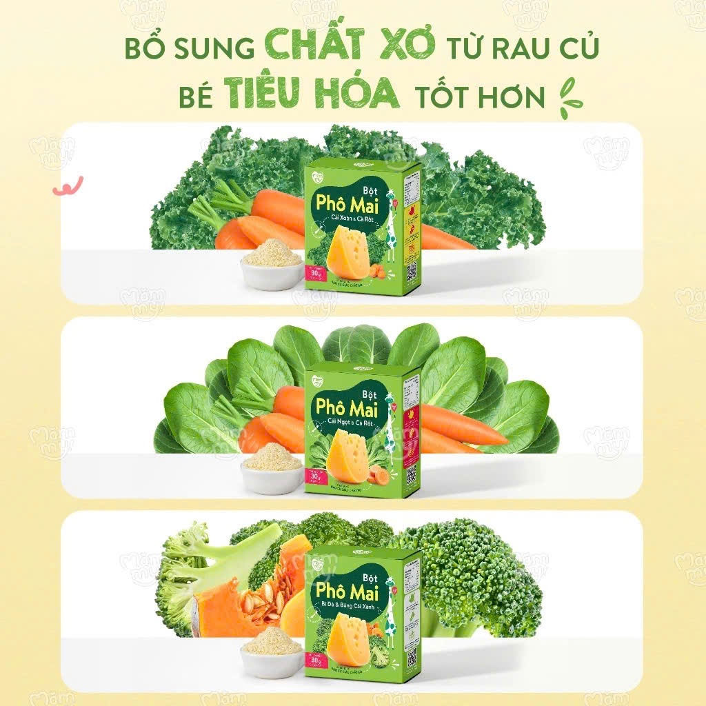 Phô mai tách muối Mămmy dạng bột kết hợp với rau củ tự nhiên bổ sung canxi và chất xơ cho bé 6 tháng