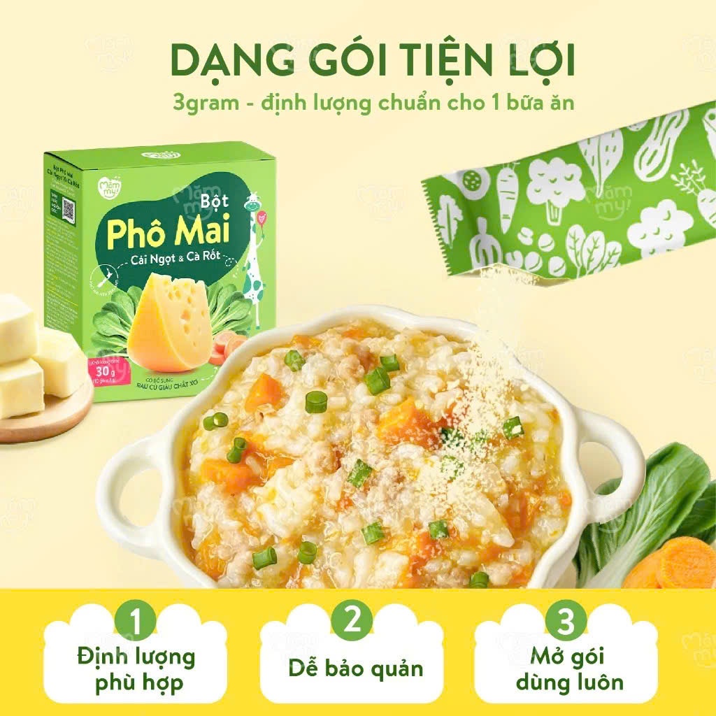Phô mai tách muối Mămmy dạng bột kết hợp với rau củ tự nhiên bổ sung canxi và chất xơ cho bé 6 tháng