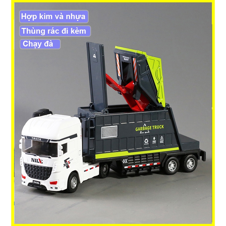 Đồ chơi mô hình xe đầu kéo xe chở rác kèm thùng rác mở được các cửa ...