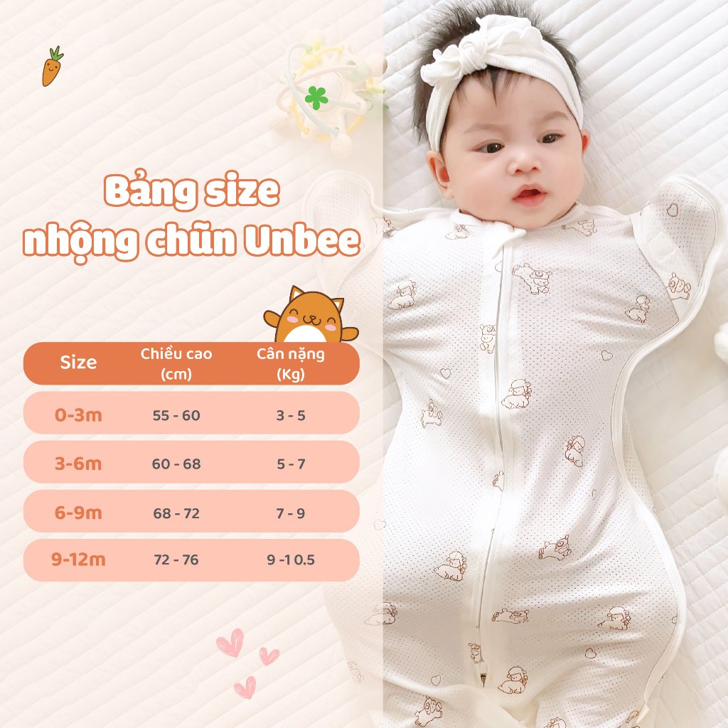 Nhộng Chũn Unbee Thông Hơi Mở Tay Phủ Nano Ag+Thoáng Khí , Kháng Khuẩn Thấm Hút Mồ Hôi, Chống Rôm Sảy Giảm Giật Mình