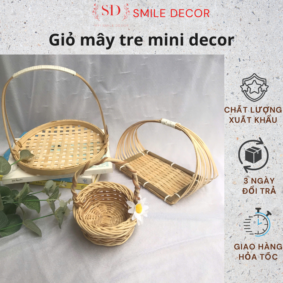 Giỏ tre mini Smile Decor đựng đồ ăn nhẹ, thuyền tre trang trí chụp ảnh ...