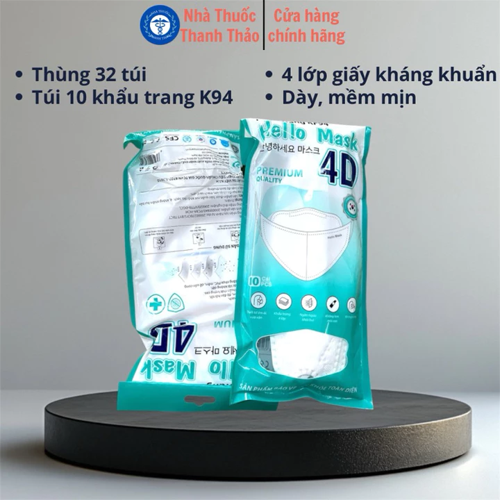 Khẩu trang 4D - KF94 - Hello dạng túi - Thùng 32 gói - 320 chiếc khẩu trang