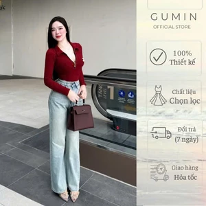 Set bộ áo quần GUMIN thiết kế áo body suit có khóa cổ và quần jean dáng suông rộng sang trọng cao cấp