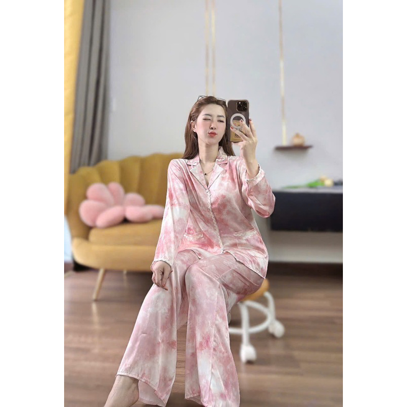Bộ ngủ pijama mặc nhà cho nữ loang viền ren Tay dài lụa mịn sang